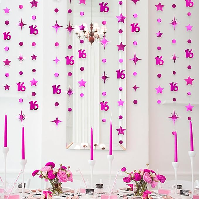 Hot Pink Number 16 Circle Dot Twinkle Star Garland Hanging Streamer Bunting Banner Backdrop Decorations for Girls Happy 16th Birthday Sweet Sixteen 16th Anniversary Cheers to 16 Years Party Decor