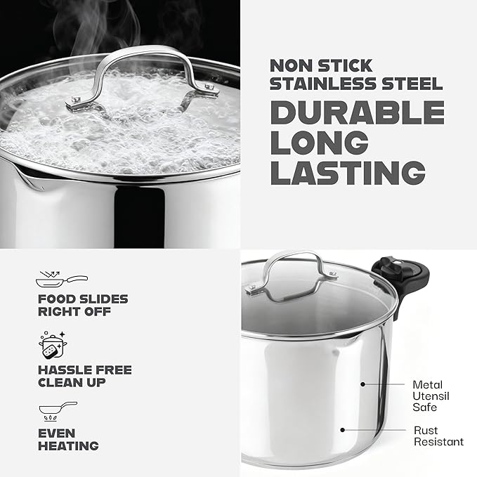 GOTHAM STEEL 8 Qt Stainless Steel Stock Pot Multipurpose Pasta Pot with Strainer Lid & Twist and Lock Handles, for Soup, Spaghetti, Rice, Induction Ready, Dishwasher Safe
