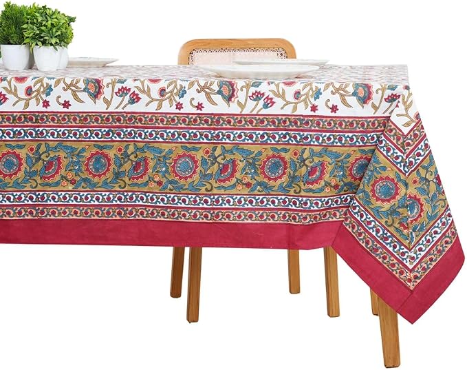Handblock Print Cotton Tablecloth – 60x60 Square Table Cover 4 Seats – Indian Block Printed Floral Dining Table Linen – Boho Washable Cloth for Kitchen, Party, Outdoor, Red