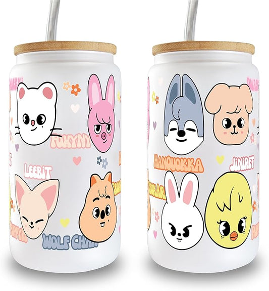 Sip-Sip Hooray! Skzoo Kpop Glass Cup 16oz Frosted Tumbler with Lid and Straw Stray Kids Iced Coffee Cup Cute Kpop Merch Gift for Fans Reusable Trendy Glass Drinkware