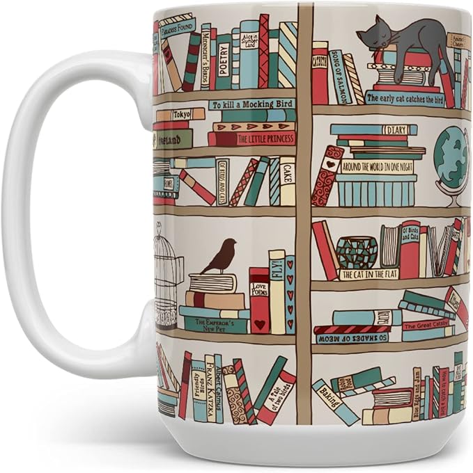 Loftipop Book Lover Coffee Mug, Bookish Librarian Bookworm Bibliophile Gift, Books and Cats (15oz)