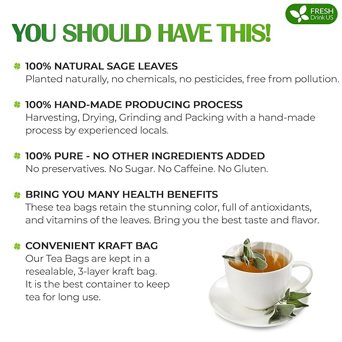 FreshDrinkUS, Premium 135 Sage Leaf Tea Bags, 100% Natural & Pure from Sage Leaves. Loose Leaf Herbal Tea. Made with Natural Material Tea Bags. No Sugar, No Caffeine, No Gluten, Vegan.