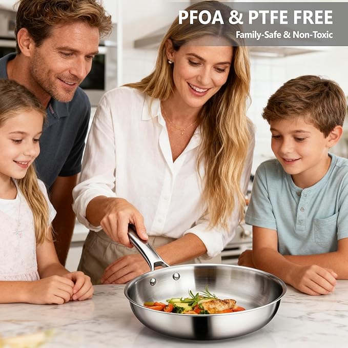 VINGLI 8'' 10'' 12'' Stainless Steel Frying Pan Set, Tri-Ply Skillets Set, Non-Toxic Chef's Pan, PFOA & PTFE Free Skillets, Compatible for All Cooktops, Dishwasher & Oven Safe (3-Pcs SKillets Set)