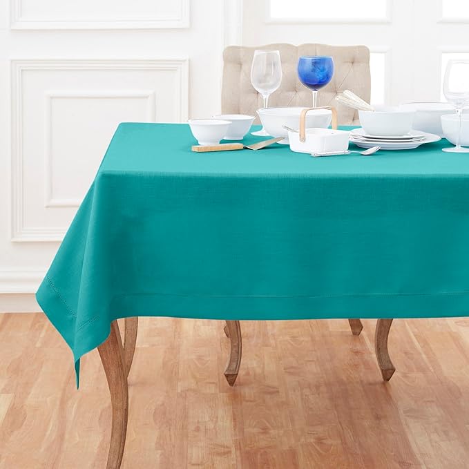 Solino Home Linen Tablecloth 60 x 156 Inch - Classic Hemstitch 100% Pure Linen Teal Table Cloth for Rectangle Tables - Machine Washable Tablecloth