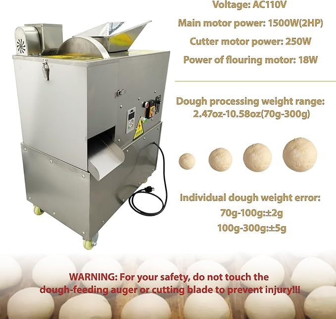 Dough Divider Machine, Commercial 70g-300g Adjustable Dough Dividing Machine, Multifunctional Electric Stainless Steel Bakery Equipment for Bread, Pizza, Dumplings 110V