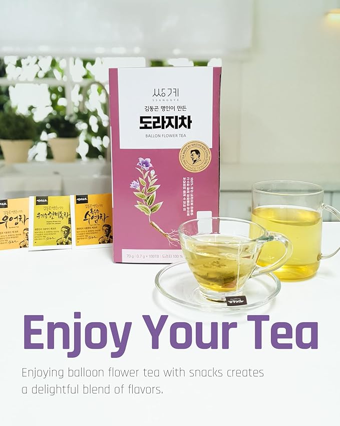 Ssanggye Bellflower Tea Bulk Size 0.7g x 100 Tea Bags, Premium Korean Herbal Tea Hygienic Single Teabag Balloon Flower Doraji 도라지차 Caffeine Free Herb Refreshing Tea Made in Korea
