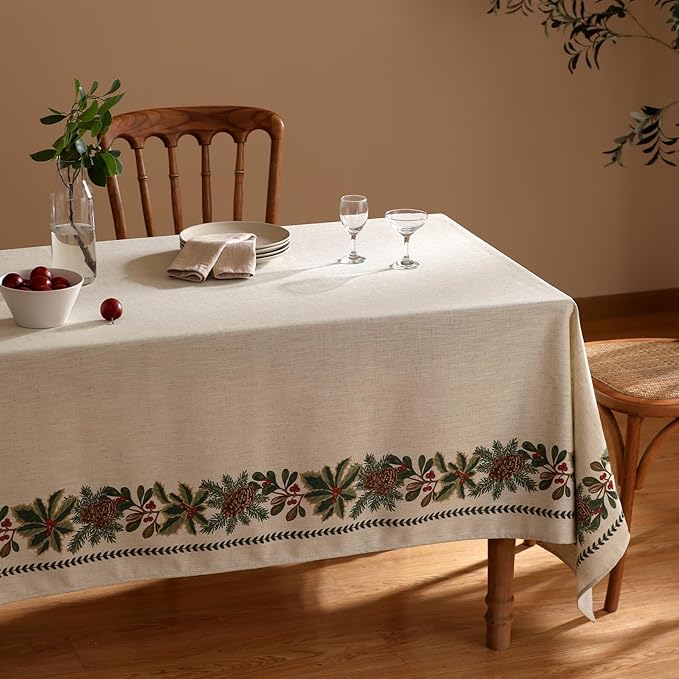 ISAENNE Designer Christmas Linen Small Rectangular Tablecloth,Light Beige Western Elegant Table Cloth,Wrinkle Resistant Decor Tablecloths for Dining Thanksgiving Kitchen Christmas,55"*71"-Carol G