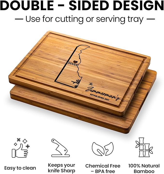 Delaware Gifts Cutting Board, Personalized Wood New Home Gift, Housewarming Destination Engraved Gifts, State Shaped Bamboo Gifts