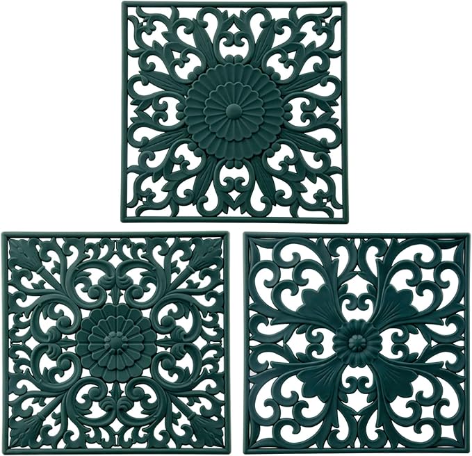Silicone Trivets for Hot Dishes, Pots & Pans, Square Hot Pads for Kitchen, Flexible Silicone Pot Holders for Table, Non-Slip Heat Resistant Trivets for Countertop, Silicon Mats Set 3 Green