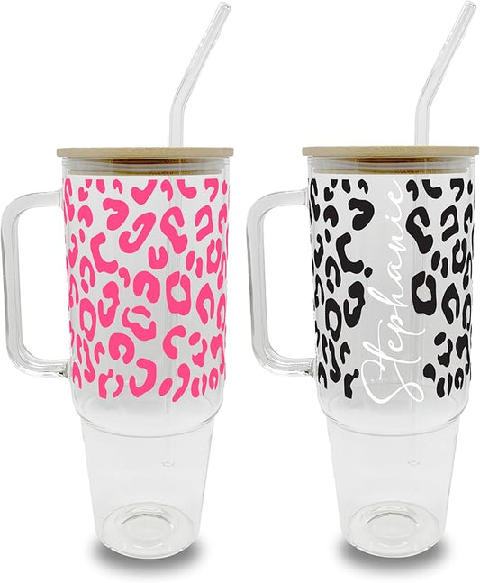 Sip Sip Hooray Leopard 40oz Iced Coffee Cup Cheetah Personalized Name Iced Coffee Cup Gift, Personalized Iced Coffee Cup Glass, Beer Can Iced Coffee Cup Leopard