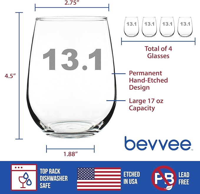 Bevvee 13.1 Half Marathon Stemless Wine Glass - Gifts for Half Marathon Runners - Set of 4 - Large 17 Ounce Glasses