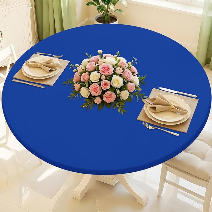 Round Spandex Tablecloth, Elastic Fitted Waterproof Tablecloths for 31"-35" Tables, Stretch Washable Picnic Table Cover for Camping, Dining, Indoor and Outdoor, Blue
