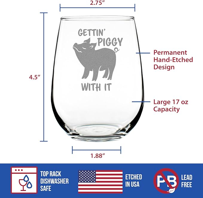 Custom Gettin' Piggy With It - Personalized Stemless Wine Glass - Pig Decor Gifts for Lovers of Swine and Wine - Large 17 Ounce - Customized Wine Glass Gift