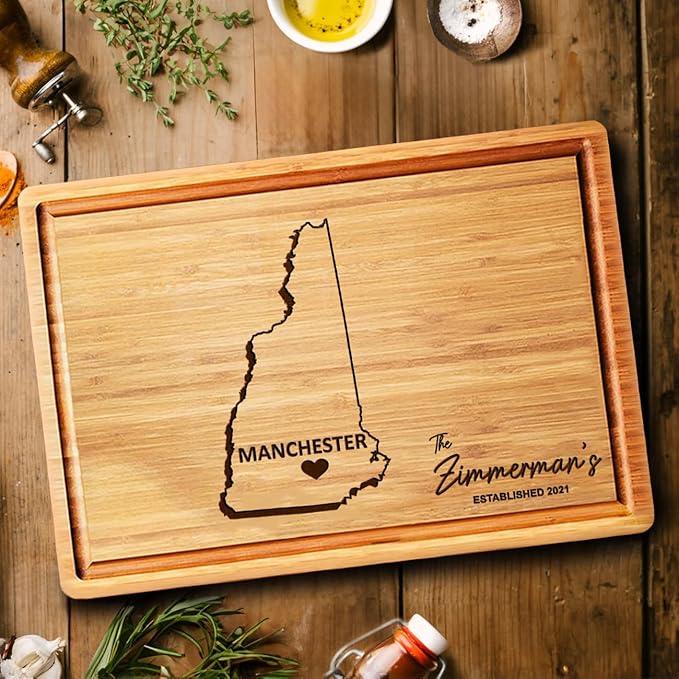 State Shaped Cutting Board New Hampshire - Personalized Destination NH Gifts, Housewarming Gifts, Custom Bamboo Home Decor