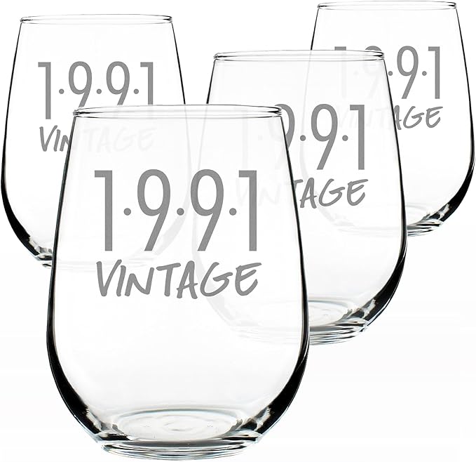 Bevvee Vintage 1991 Stemless Wine Glass - 35th Birthday Gifts for Women & Men Turning 35 - Bday Party Decor - Set of 4 - Large 17 oz