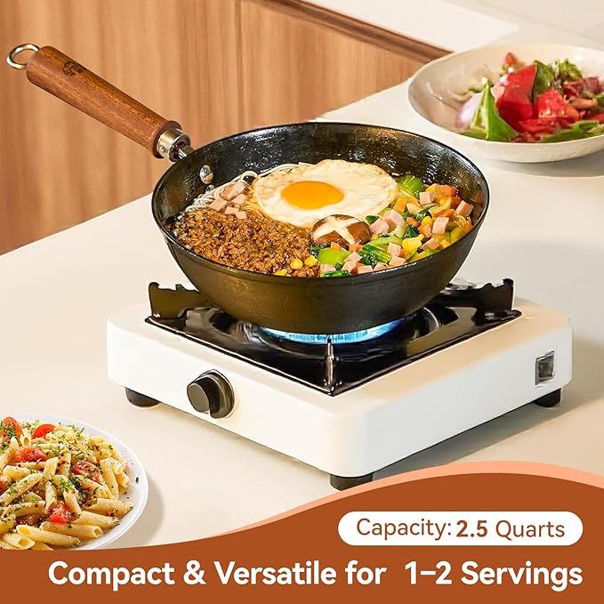 WANGYUANJI 9.5 Inch Cast Iron Wok with Glass Lid – Small Flat Bottom Stir Fry Pan with Wooden Handle, Non-Coated Cookware for Gas & Open Flame