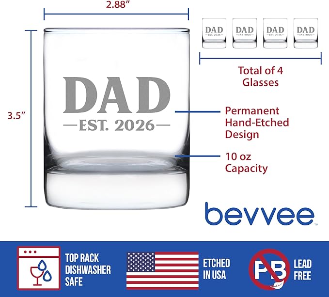 Bevvee Dad Est 2026 Whiskey Rocks Glass - New Father Gift for First Time Parents - Set of 4 - Bold 10.25 oz