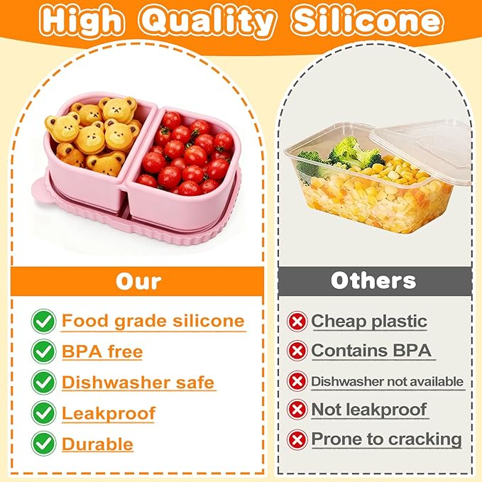 4 Pack Silicone Reusable Snack Containers with Lids, 8.5oz 2 Compartment Snackle Box Container, Leakproof Bento Box Snack Pack Containers Food Storage for Lunch, Picnic, Travel, Office