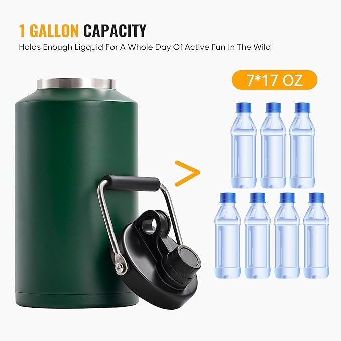 Insulated Gallon Jug with Handle, One Gallon, 128oz Stainless Steel, Large Double Vacuum Water Bottle for Cold Drinks, Wide Mouth, Sweat Proof, Carrier bag, Great for Travel, Camping, Green