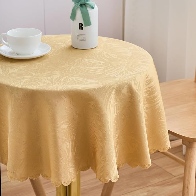 Round Tablecloth Golden Small 40 Inch Table Cloths Up to 26" Dia Tables Leaves Pattern Scalloped Edge Waterproof Jacquard Table Cover-Kitchen Dining Room Decor Coffee Bar