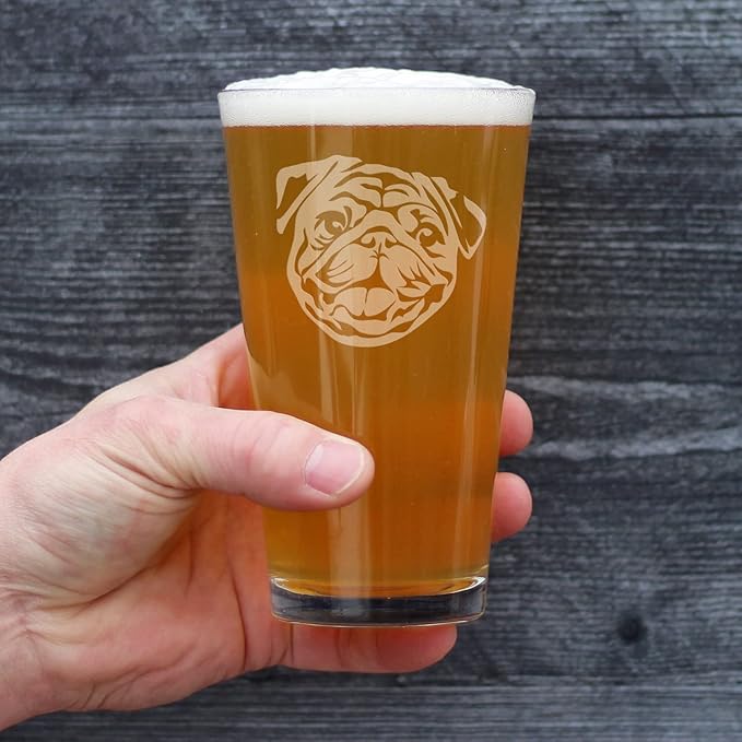 Bevvee Happy Pug Pint Glass for Beer - Fun Dog Themed Decor and Gifts for Moms & Dads of Pugs - 16 oz Glasses