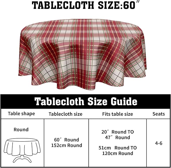 Christmas Tablecloth Round 60 Inch Red and Green Buffalo Plaid Circle Table Cloth Xmas Holiday Checkered Table Cover for Kitchen Dinner Home Decor