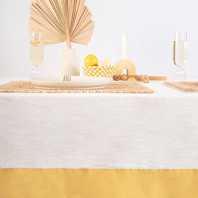 MONDAY MOOSE Farmhouse Rustic Picnic Style Decoration Rectangle Natural Stonewashed Cotton Tablecloth for Kitchen, Dining Room, Restaurant (60x102 inch, White/Mustard)