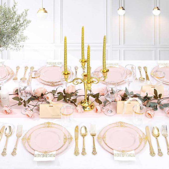 YOUBET 700PCS Pink Plastic Plates - Pink and Gold Plates - Luxury Pinks Dinnerware Set Include 200 Disposable Plates, 300 Heavy Duty Silverware, 100 Cups, 100 Napkins for Wedding Party Valentines Day