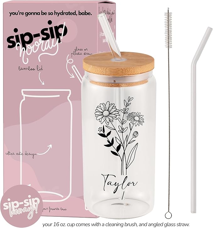 Sip-Sip Hooray! Personalized Birth Flower Glass Cup with Lid & Straw, 16oz Custom Name Mason Jar Tumbler, Dishwasher Safe Iced Coffee Cup, Floral Bridesmaid or Birthday Gift for Women, Glass Straws