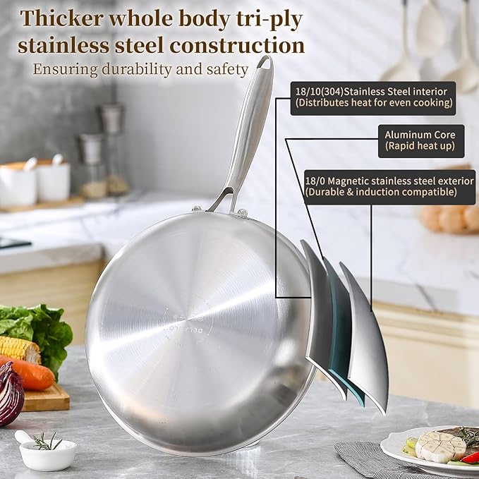 DELARLO Tri-Ply Stainless Steel Frying Pan, All Cooktops Compatible Up to 600℉, Oven Safe Induction Skillet, 12.5 inch Non toxic Cooking Surface, Fast & Even Heat, Durable Cookware