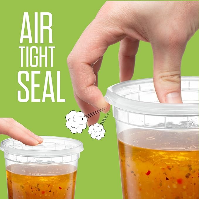 12 OZ - 24 Sets Plastic Deli Food Storage Containers with Airtight Flexible Lids Microwavable, Leak Free, Washable, Freezer Safe.
