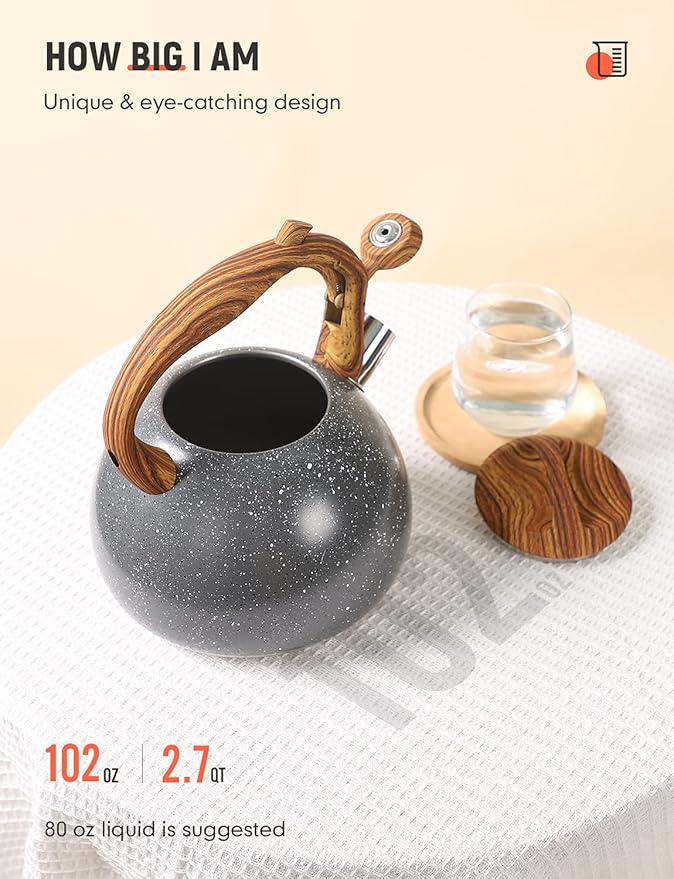 BELANKO 2.7 Quart Tea Kettle for Stovetops - Food Grade Stainless Steel Teapot with Loud Whistle, Cool-Touch Wood Pattern Handle, Rust-Resistant Whistling Kettle - Starry Gray