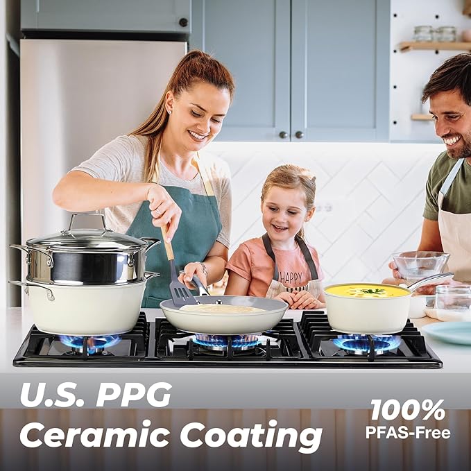 PekGema 16 Pcs Ceramic Cookware Sets, Pots and Pans Set Nonstick, Non Toxic Healthy Non stick Kitchen Cooking Set, Induction Cookware with Frying Pan Set, PFAS PTFE PFOA FREE, Beige