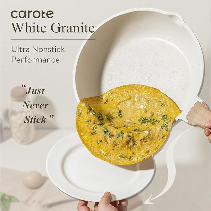 CAROTE 10Inch Nonstick Deep Frying Pan with Lid, 4.5Qt Jumbo Cooker Saute Pan with Pour Spout, Skillet Induction Cookware, Non Stick Cooking Pan Kitchen Pan PFOA Free, White Granite