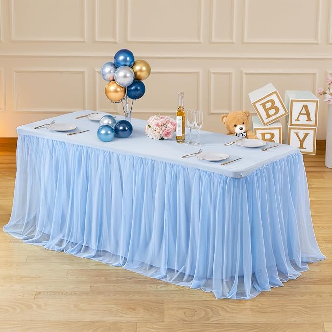 6 Pack 6ft Baby Blue Tulle Tablecloths for Rectangle Tables 72 x 30 Inch Rectangular Table Cloth Wrinkle Free Table Cover with Tutu Skirt for Baby Shower Birthday Party Banquet Buffet Cake Decorations