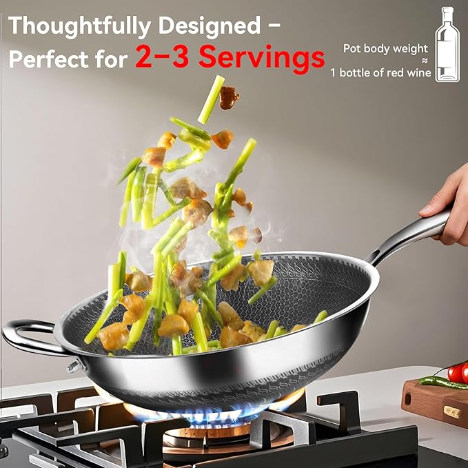 WANGYUANJI Coating-Free Hybrid Stainless Steel Wok with Lid, 12.6" Flat-Bottom Stir-Fry Pan, Honeycomb Surface, Induction Compatible, Dishwasher & Oven Safe