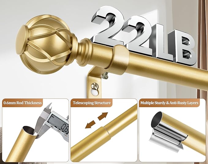 Curtain Rods 2 Pack 32 to 58 Inch, HOTOZON Curtain Rods for Windows, 3/4 Inch Single Splicing Drapery Rod with Netted Finials, Antique Gold