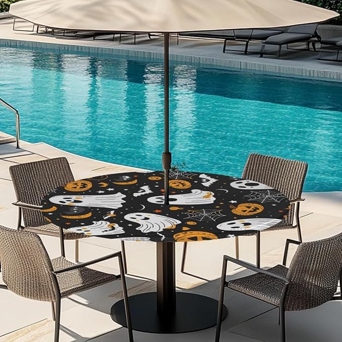 Outdoor Fitted Round Table Cloth with Umbrella Hole, Halloween Ghosts Circle Elastic Tablecloth 36"-44" Waterproof Zipper Patio Table Cover for Picnic Camping Party Halloween Decoration