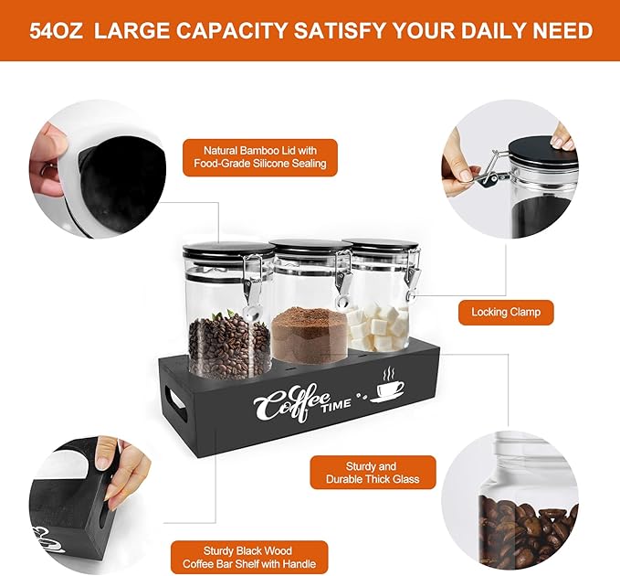 OARSE 3 PCS Glass Coffee Container with Wooden Shelf,3 x 54 oz Glass Coffee Bean Storage Container with Airtight Locking Clamp Lid Spoons Coffee Canister Set,Jars for Coffee Beans,Nuts,Tea,Sugar