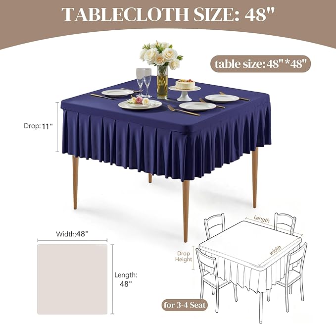 Wish Care Navy Blue Spandex Tablecloths for 48x48 Inch Square Tables, Stretch Fitted Table Clothes with Pleated Ruffle Skirt for 48” Table, Wrinkle Free and Elastic, for Party Kitchen Home Dining