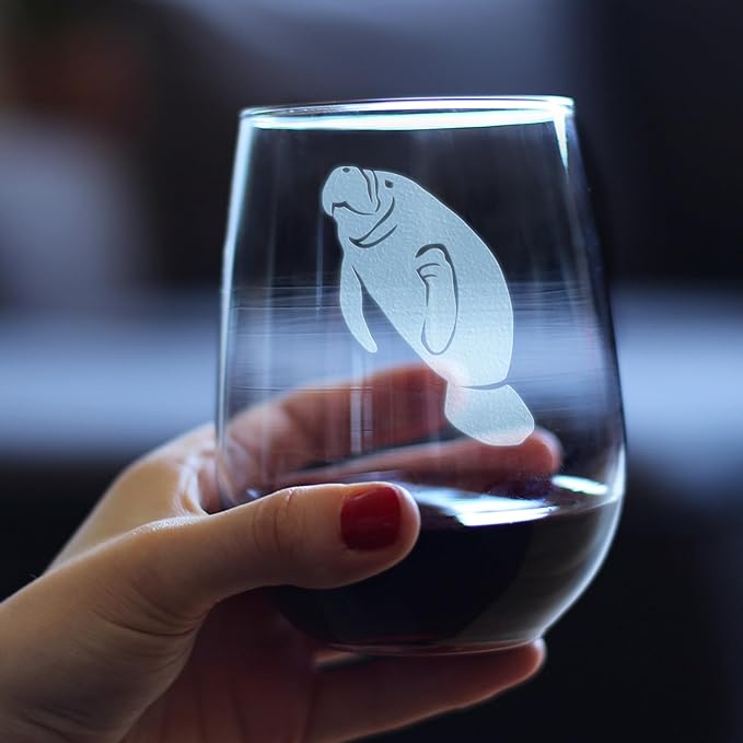 Bevvee Manatee Stemless Wine Glass - Funny Ocean Animals Themed Decor and Gifts for Sea Creature Lovers - Set of 2 - Large 17 Oz