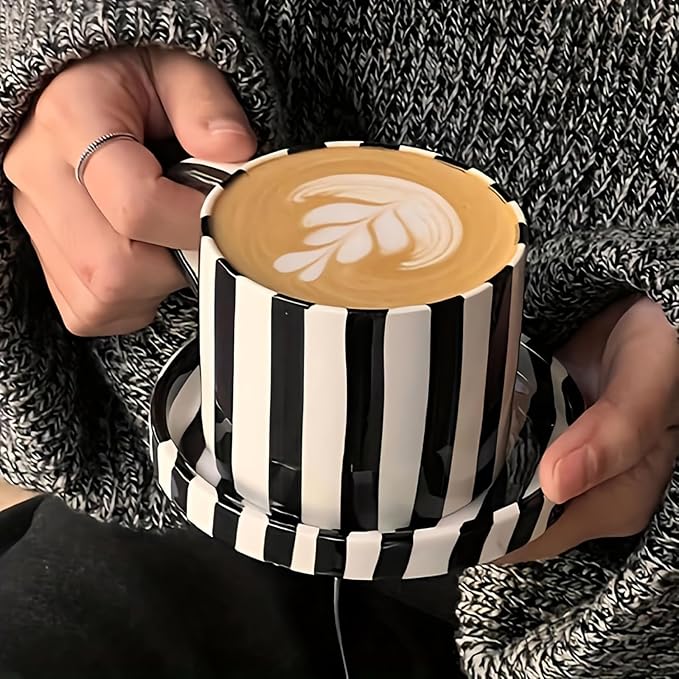 Tea Cup and Saucer, Ceramic 8 oz coffee mug, Dishwasher Safe and Microwave Safe, Black and White, Set of 2
