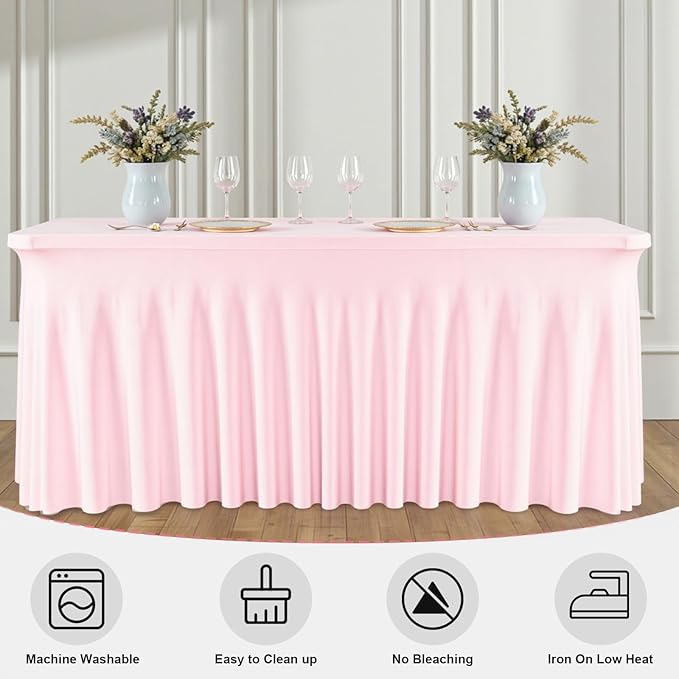 2 Pack Pink 6FT Rectangle Spandex Tablecloths, Stretch Fitted Table Covers for 6 Foot Tables, Wrinkle Free Table Skirts for Wedding Party Birthday Banquet Baby Shower