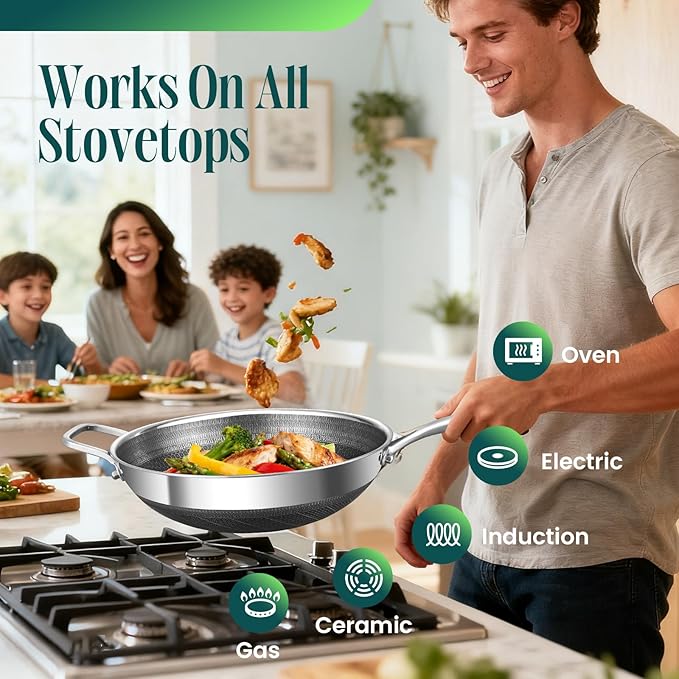 AOSION Hybrid 13 inch Stainless Steel Wok with Steamer, PFOA Free Cookware, Nonstick Wok Pan & Stir-Fry Pans with Lid and Draining Mat, Works on Induction, Dishwasher & Oven Safe