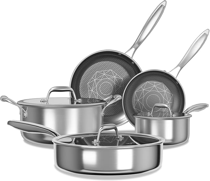 COOKER KING Stainless Steel Cookware Set, Pots and Pans Set Non Stick, Hybrid Ceramic Cookware,Non-Stick Frying Pans, Saucepan, Saute Pan & Stock Pot, Non-Toxic, Oven Safe, Induction Compatible