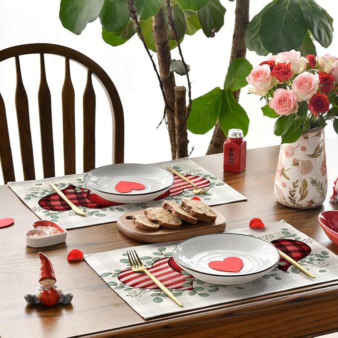 Artoid Mode Buffalo Plaid Eucalyptus Hearts Valentine Placemats Set of 4, 12x18 Inch Wedding Holiday Table Mats for Party Kitchen Dining Decoration