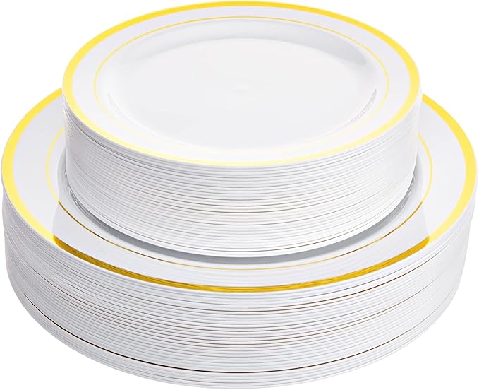 Aya's Cutlery Kingdom 100 White and Gold Plastic Plates for Thanksgiving Dinner - Fancy Plate for Party - 50 (10") Dinner and 50 (7.5") Salad Plates - Heavy Duty, Elegant Disposable Tableware Set