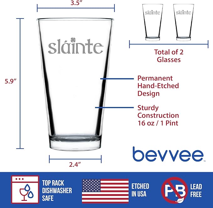 Bevvee Slainte Irish Cheers - Pint Glasses - Set of 2 - Fun St Patricks Day Party Decor or Gifts - 16 Ounce