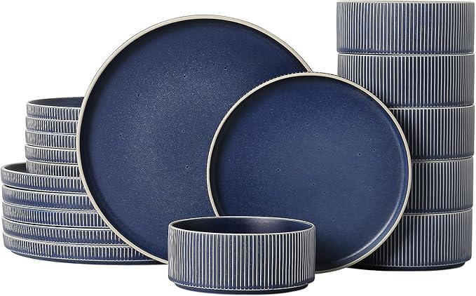 Dinnerware Set Service for 6, 18-Piece Ceramic Plates and Bowls Set, Chip & Scratch Resistant, Microwave and Dishwasher Safe, Modern Minimalist Tableware for Everyday Use, Matte Blue
