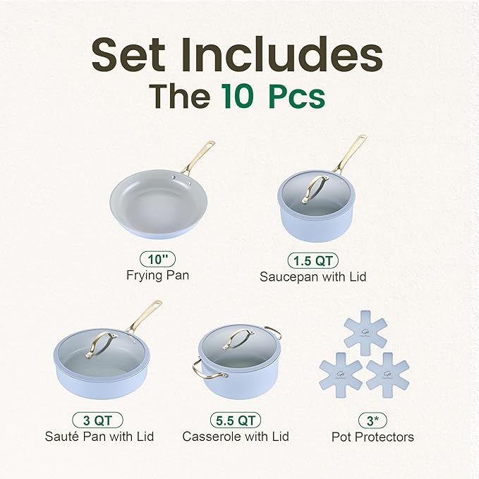 Chef Power Ceramic Cookware Sets, 10Pcs Pots and Pans Set Non Stick, Cookware Set with Stainless Steel Handle, Dishwasher & Oven Safe, Light Blue and Granite Grey